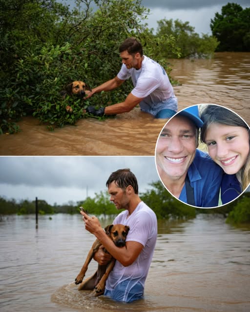 Tom Brady didn’t sign autographs or toss footballs—he picked up a soaked, shivering dog in the Texas flood and quietly said, “I’ll take him home.” What broke the internet was the text he sent his daughter: “I can’t bring you everything you ask for, but this dog needs a home—and I think you’d say yes.” No fanfare, no headlines, just a dad, a dog, and a gesture of kindness that drowned half the internet in tears.