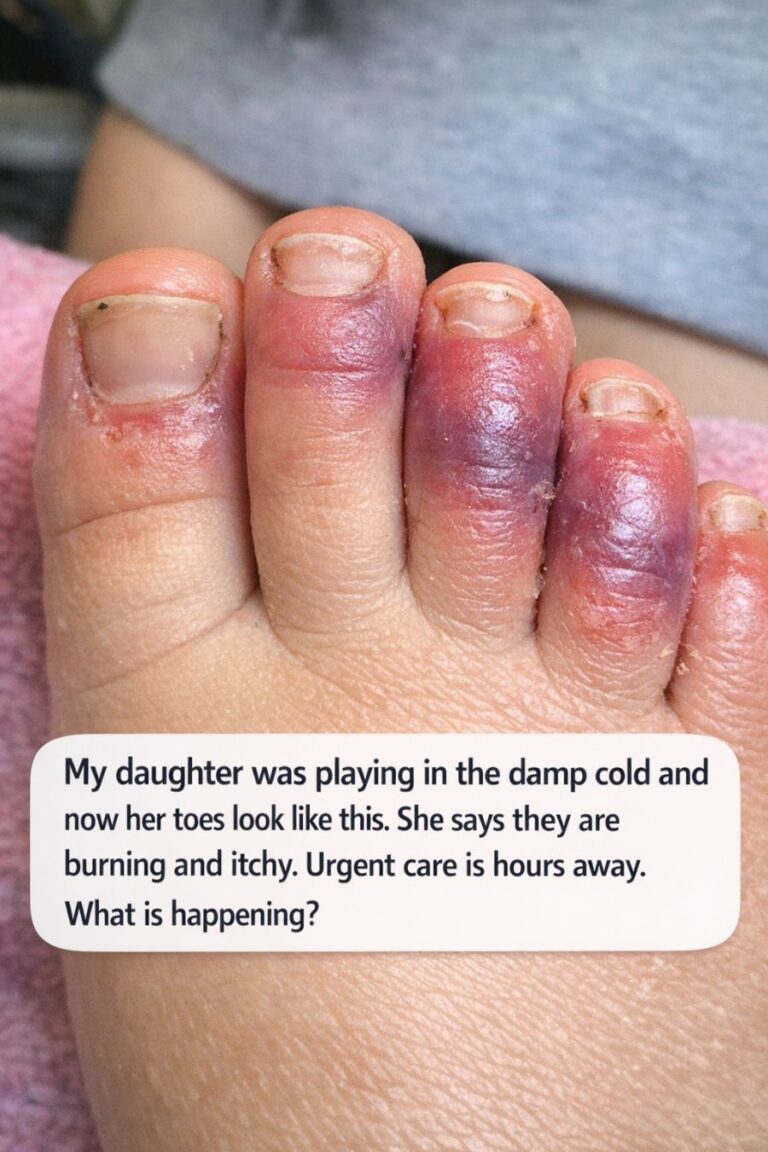 My daughter was playing in the damp cold and now her toes look like this. She says they are burning and itchy. Urgent care is hours away. What is happening?