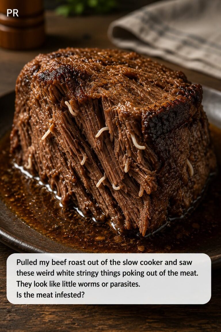 Pulled my beef roast out of the slow cooker and saw these weird white stringy things poking out of the meat. They look like little worms or parasites. Is the meat infested?
